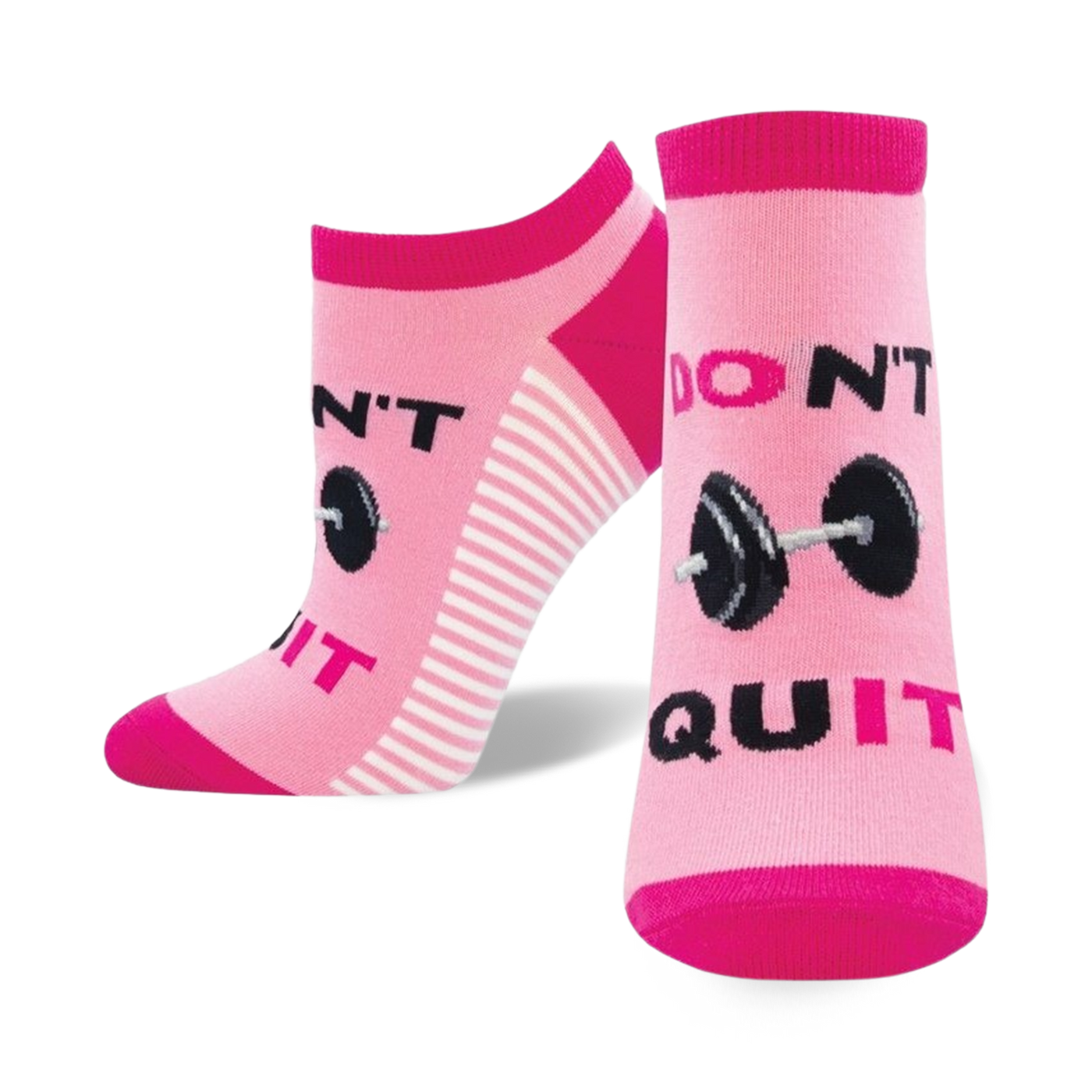 Pair of pink and white ankle socks with 'Don't Quit, Do It' and barbell graphic. 