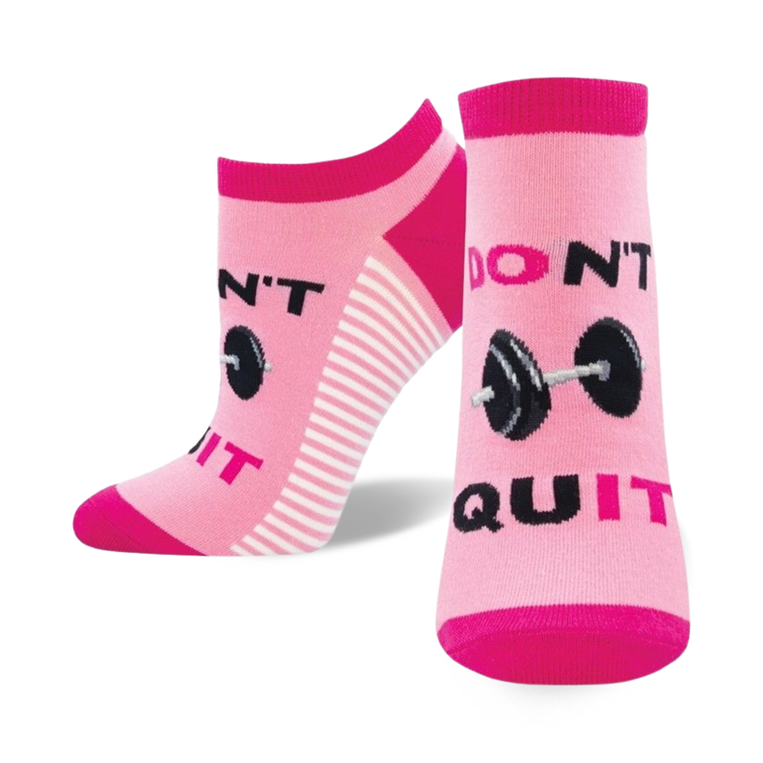 Pair of pink and white ankle socks with 'Don't Quit, Do It' and barbell graphic. 