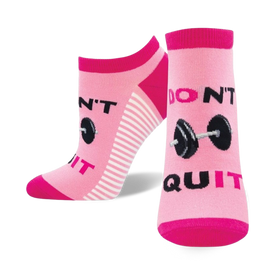 pink striped crew socks with motivational text and a barbell graphic.  