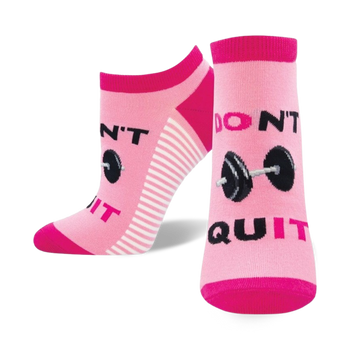 pink striped crew socks with motivational text and a barbell graphic.  