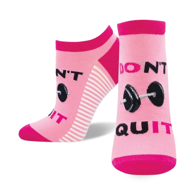 pink striped crew socks with motivational text and a barbell graphic.  