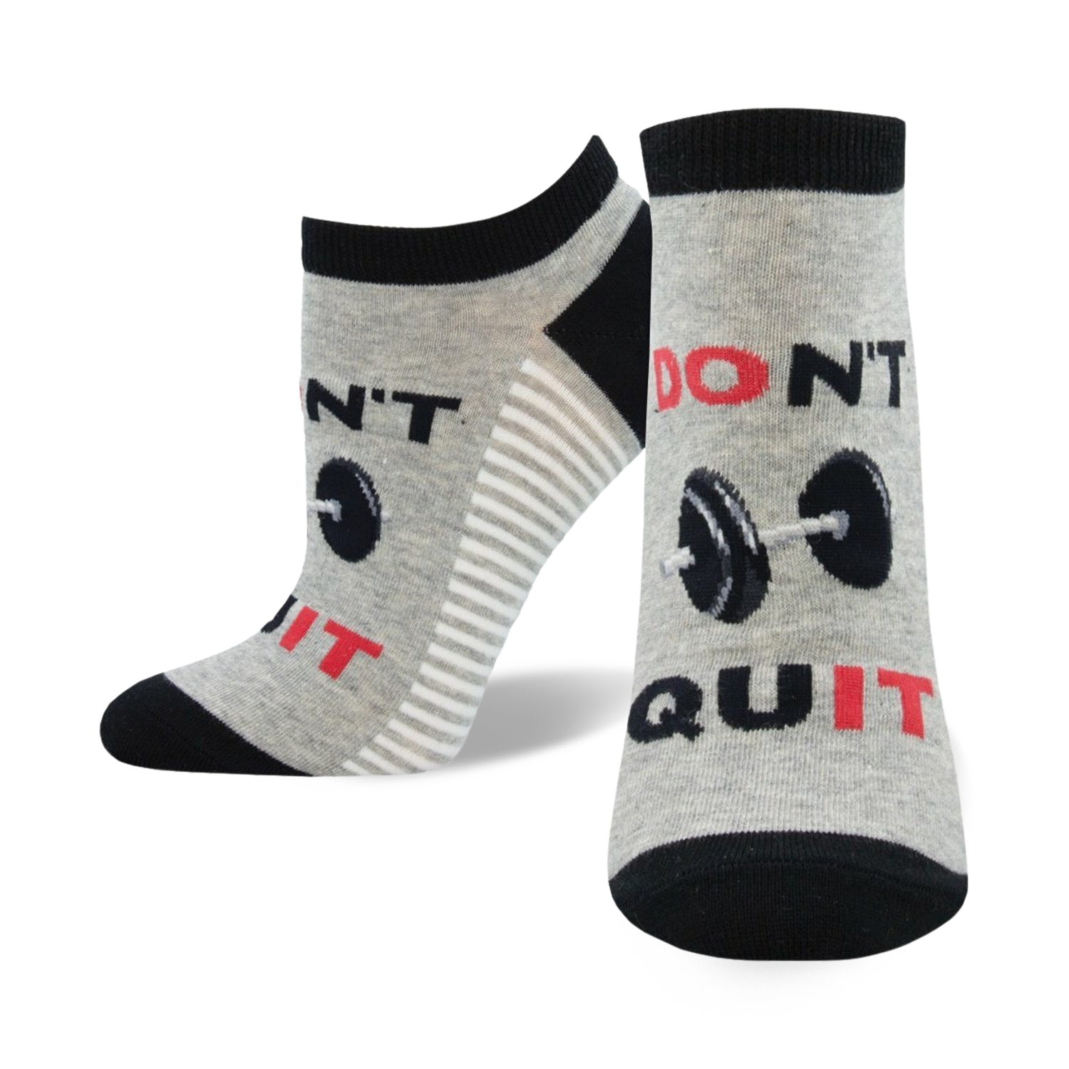 Close-up of gray and black 'Don't Quit, Do It' ankle socks with barbell design.