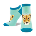 Pair of women's ankle socks; teal and aqua blue, featuring a crowned lioness face graphic.