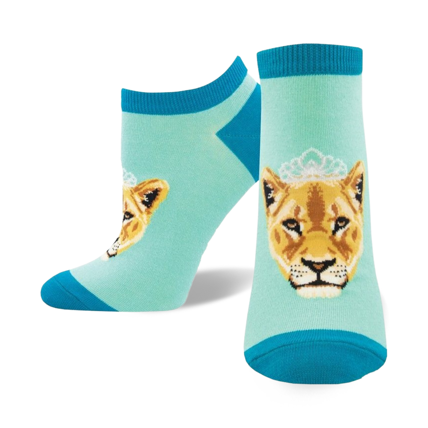 Pair of women's ankle socks; teal and aqua blue, featuring a crowned lioness face graphic.