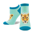 Pair of women's ankle socks; teal and aqua blue, featuring a crowned lioness face graphic.
