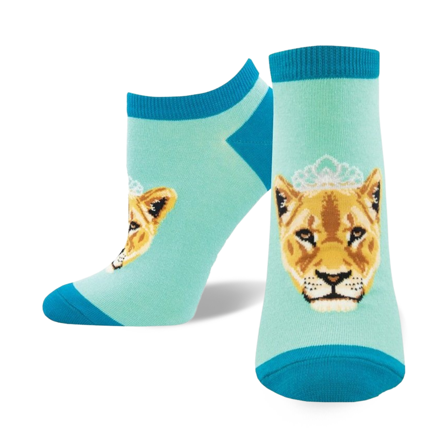 Pair of women's ankle socks; teal and aqua blue, featuring a crowned lioness face graphic.