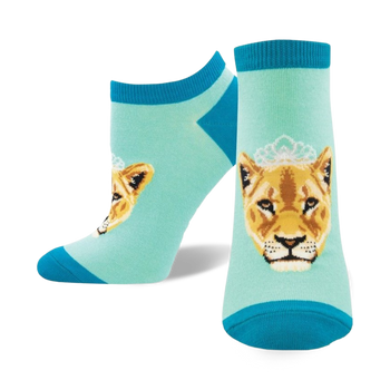 womens ankle socks with cartoon lioness pattern, golden fur, black noses, and blue eyes.   