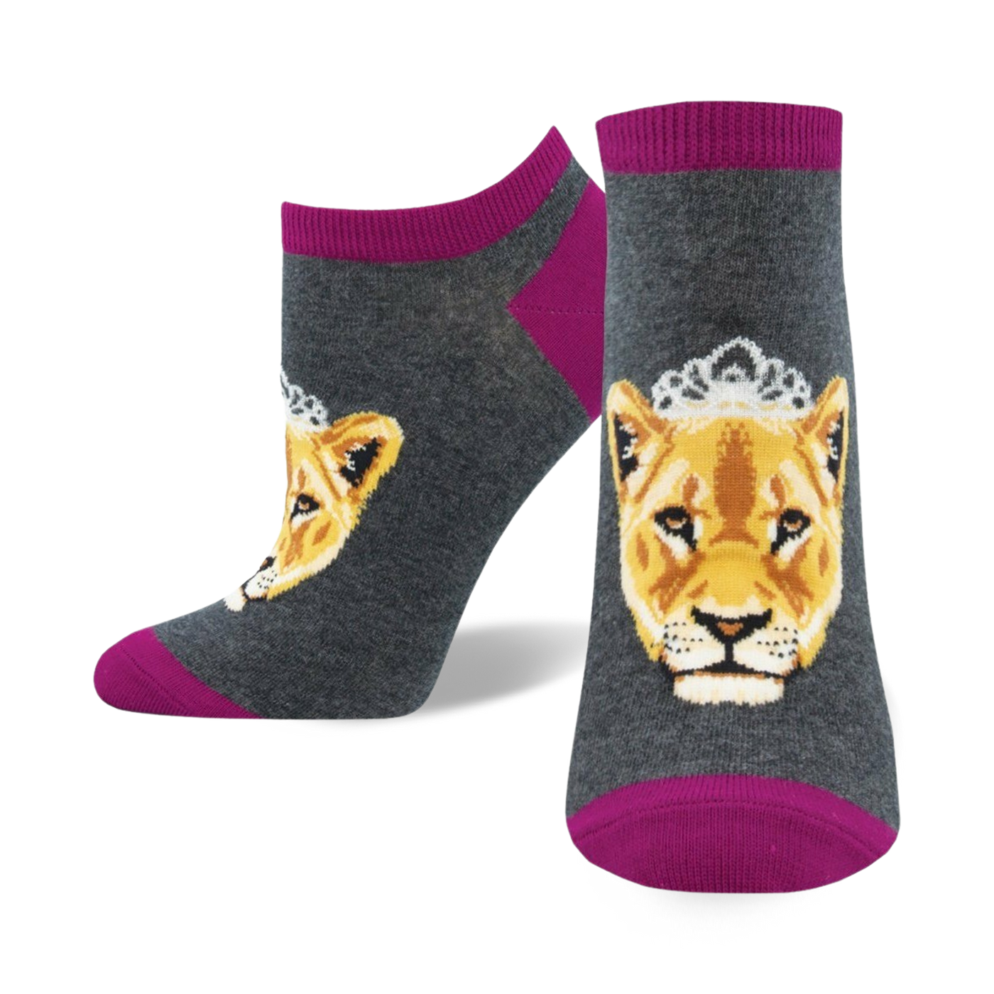 Lifestyle product shot showcasing the grey and magenta 'Queen of the Pride' socks on a model's feet.