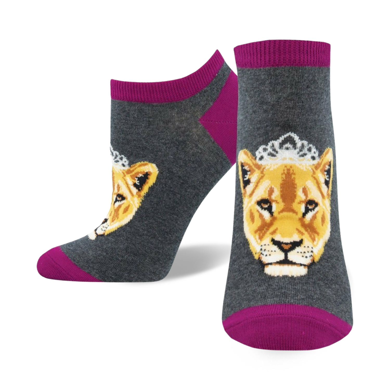 Lifestyle product shot showcasing the grey and magenta 'Queen of the Pride' socks on a model's feet.