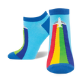 A pair of ankle socks in blue, green, yellow, red, and a touch of white.  One sock shows a rainbow with an airplane flying through it.