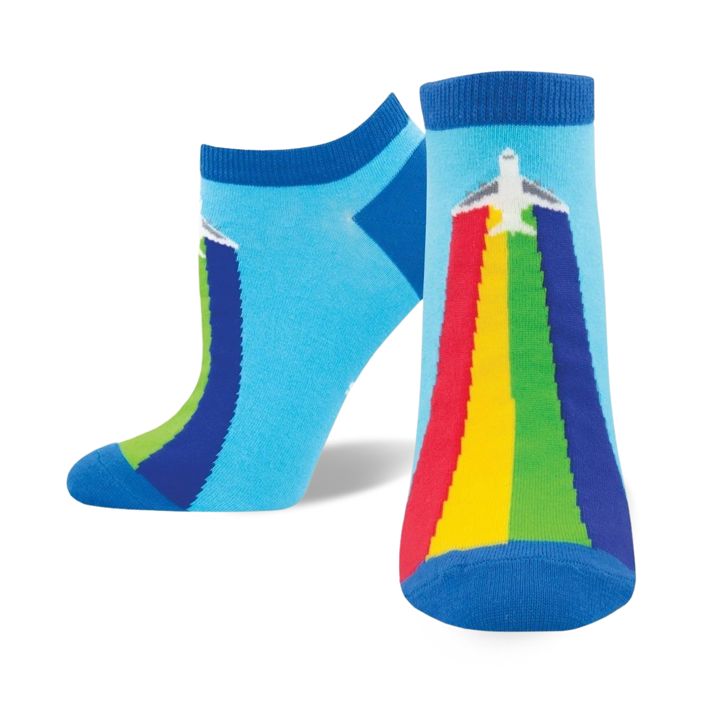 A pair of ankle socks in blue, green, yellow, red, and a touch of white.  One sock shows a rainbow with an airplane flying through it.