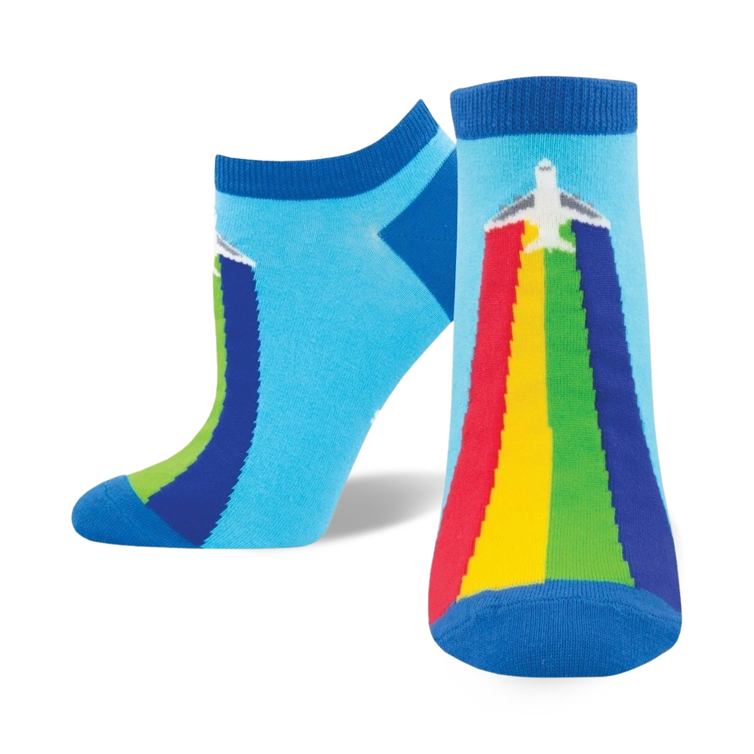 A pair of ankle socks in blue, green, yellow, red, and a touch of white.  One sock shows a rainbow with an airplane flying through it.