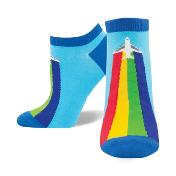 blue womens ankle socks featuring a colorful airplane and rainbow contrail.   