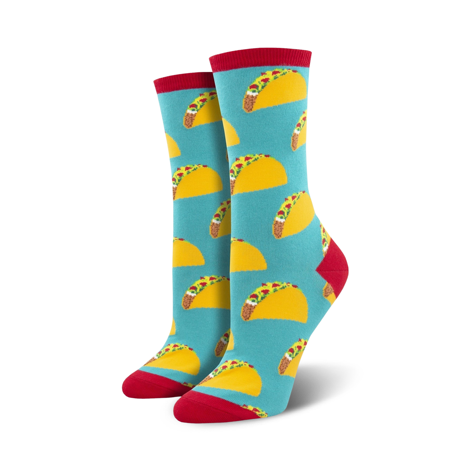 Close-up of teal crew socks with red cuffs and a repeating taco pattern. 