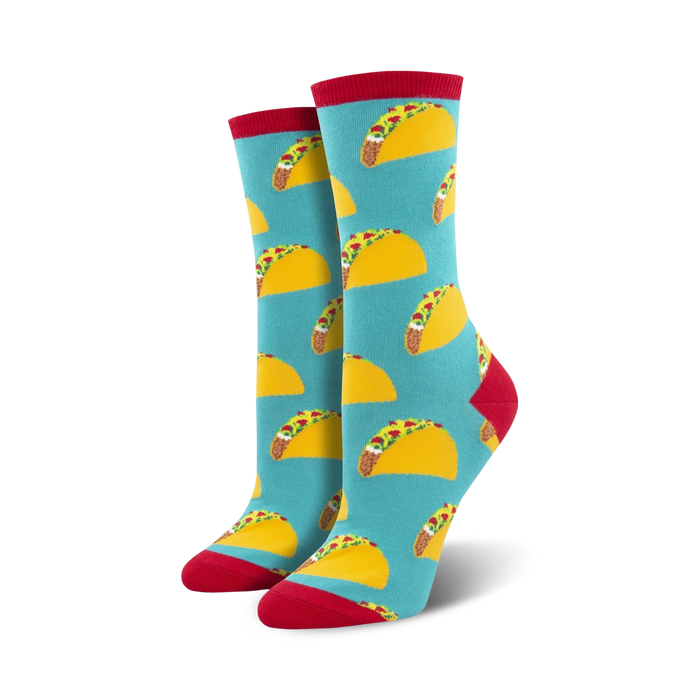womens blue crew socks with all-over taco pattern in yellow, red, and green.   