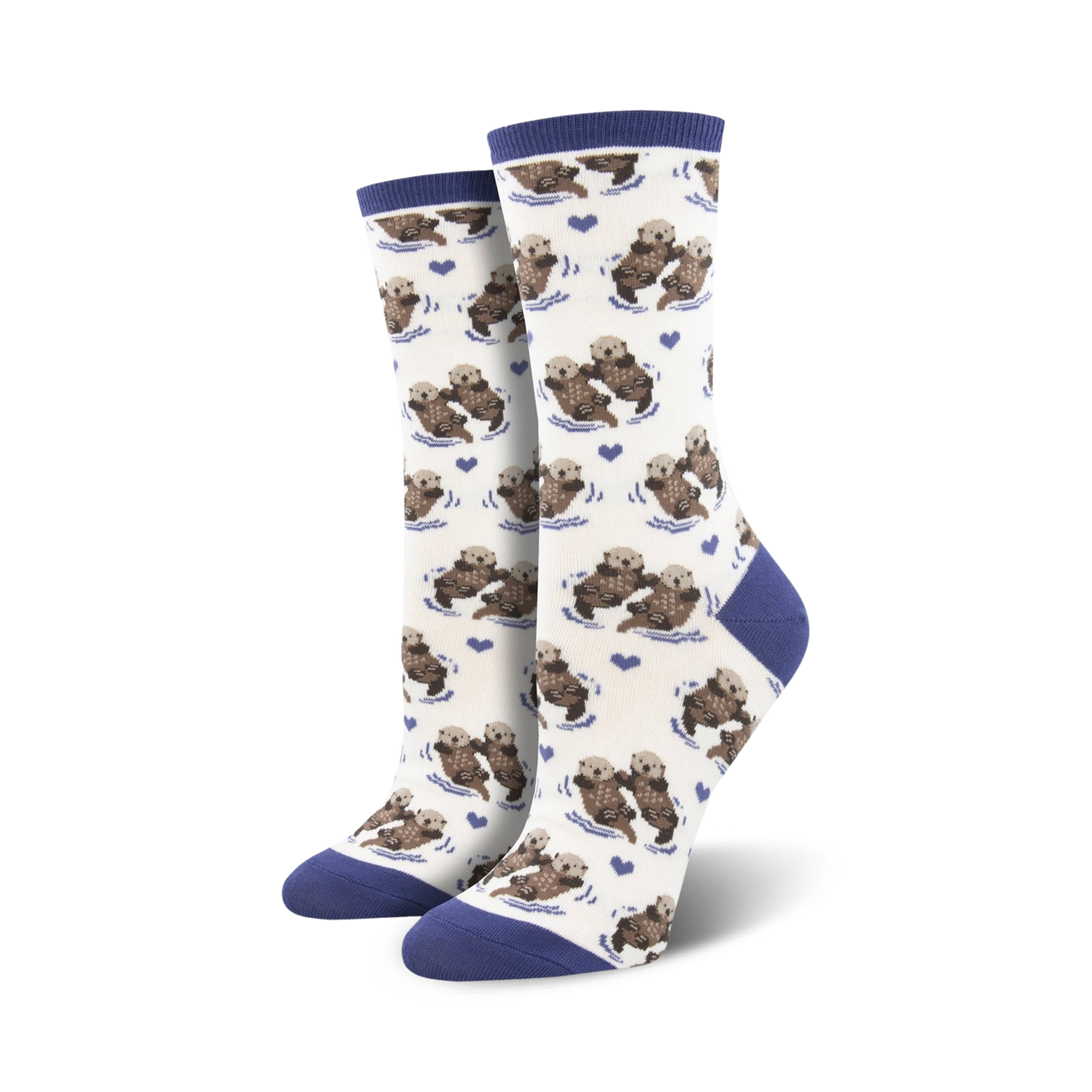 Close-up of a pair of navy-cuffed otter socks against a cream background.