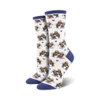 Close-up of a pair of navy-cuffed otter socks against a cream background.