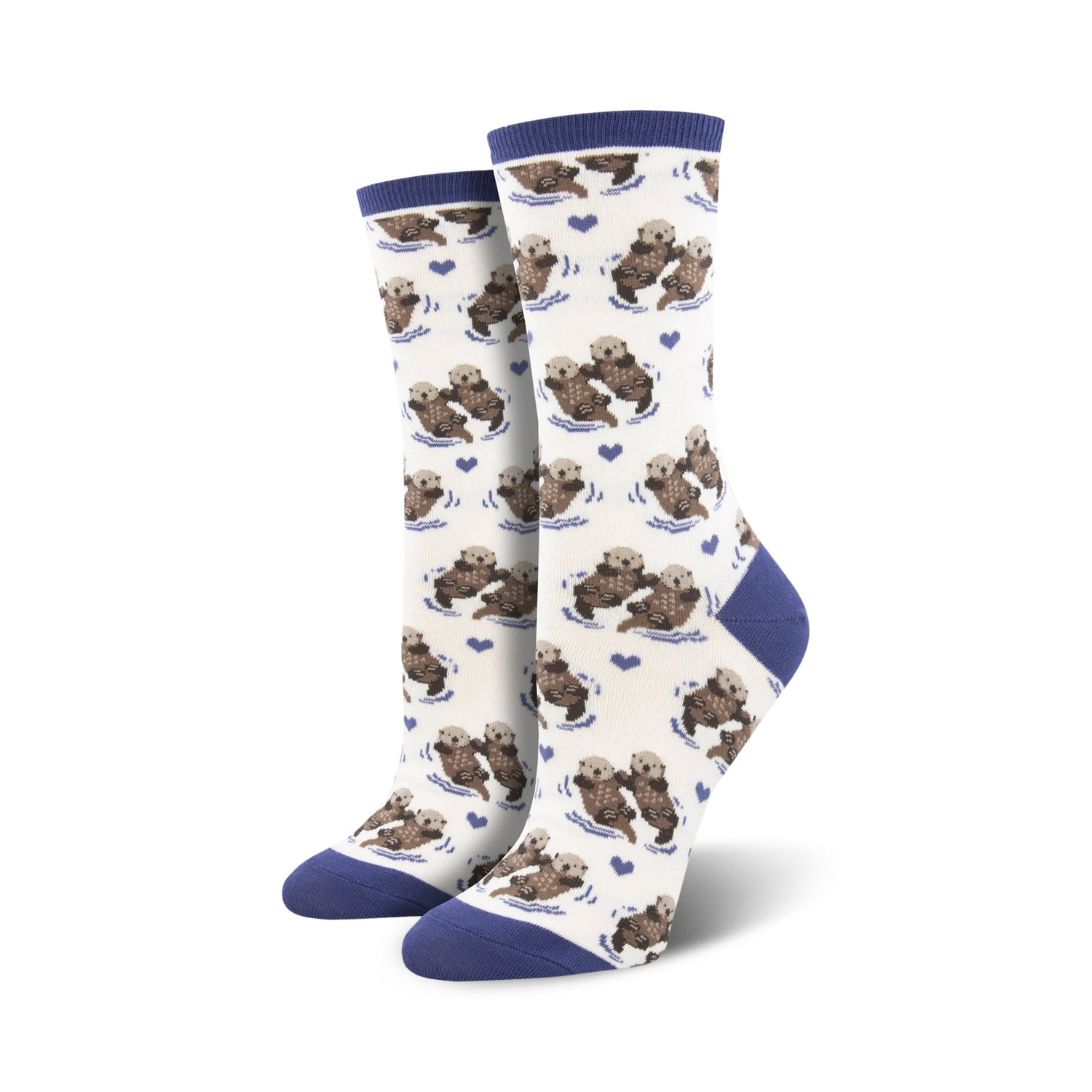 Close-up of a pair of navy-cuffed otter socks against a cream background.