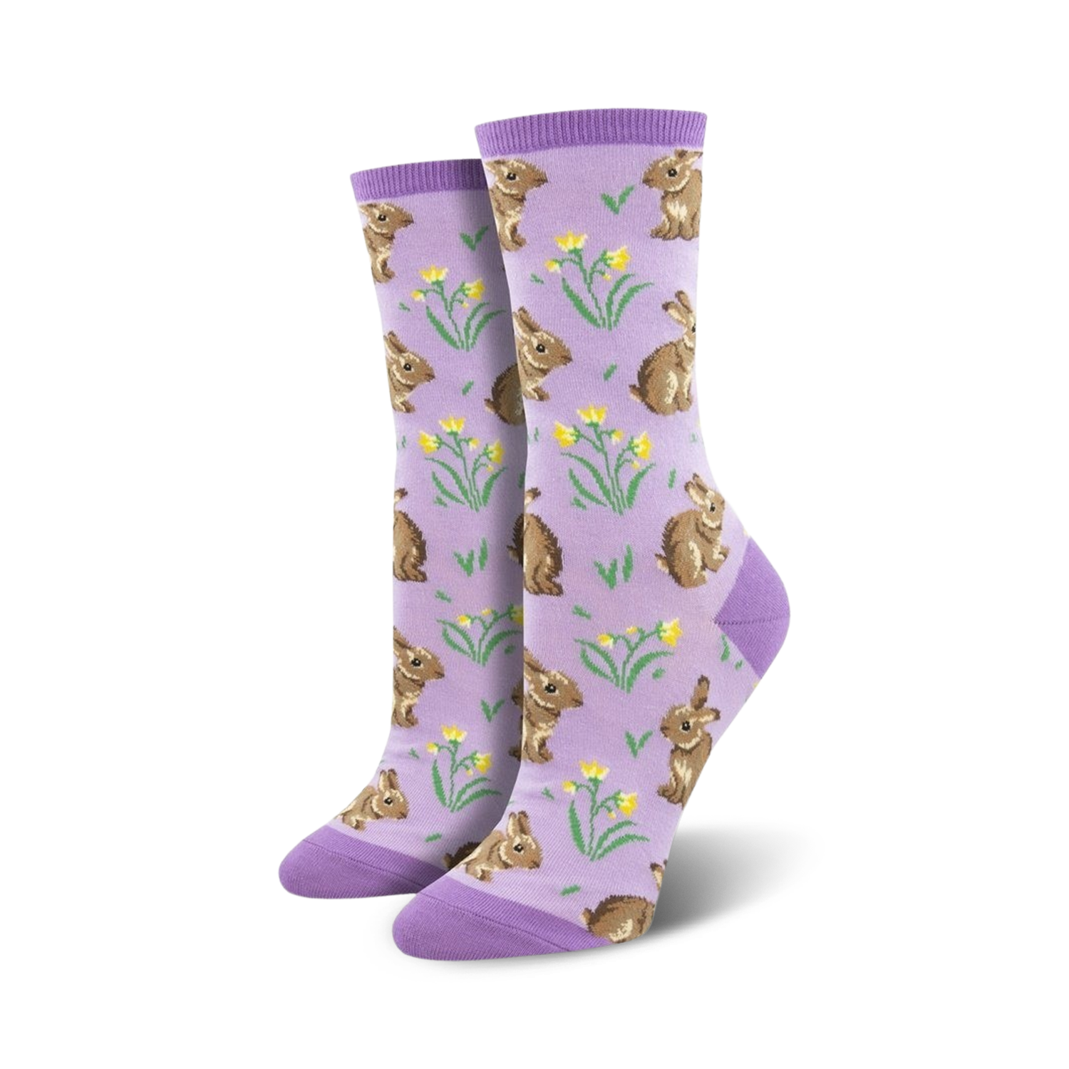 Pair of women's crew socks. Lavender background with repeating pattern of brown bunnies and yellow flowers.