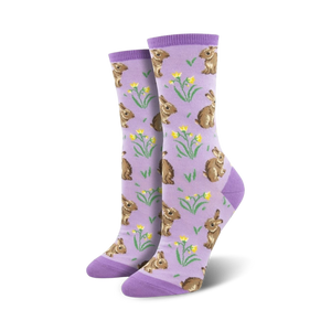 all-over rabbit pattern crew socks in purple for women.  