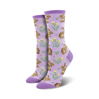 all-over rabbit pattern crew socks in purple for women.  