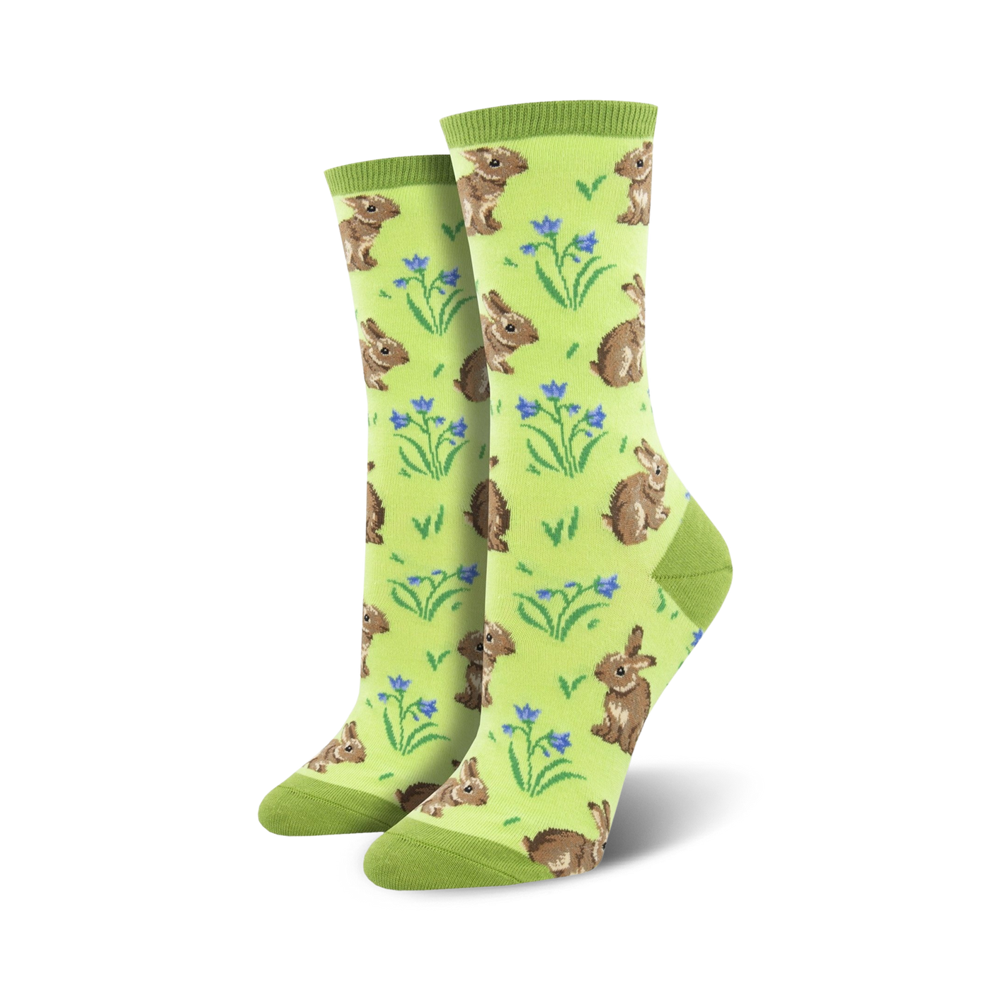 Lifestyle shot showing the lime green Relaxed Rabbit socks on a model's feet.