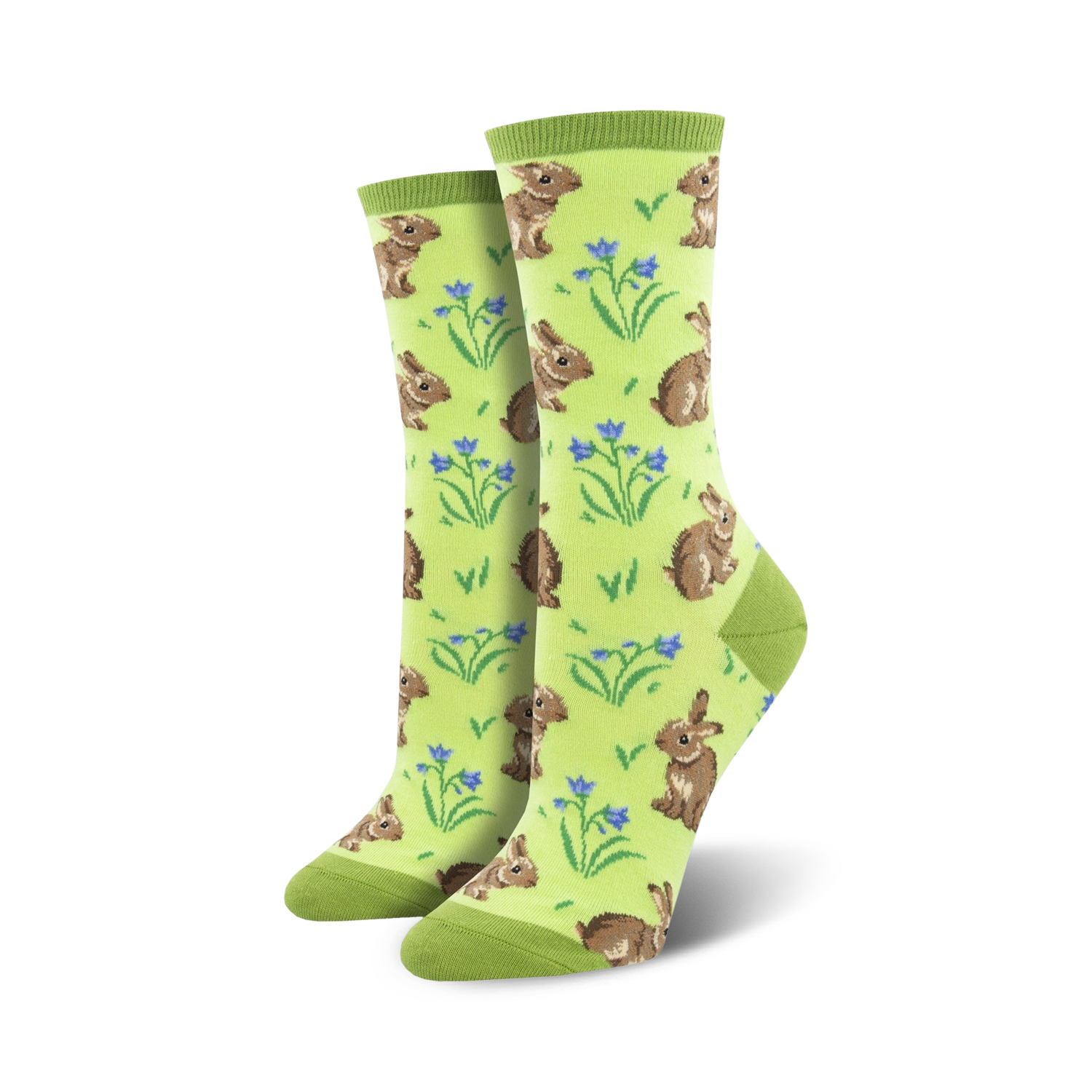 Lifestyle shot showing the lime green Relaxed Rabbit socks on a model's feet.