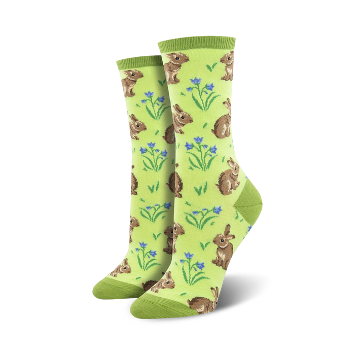 crew length women's socks decorated with cute bunnies and blue flowers.   