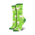 Pair of women's crew socks; lime green background with white screaming goats; 'AAA' and 'AHH!' text.