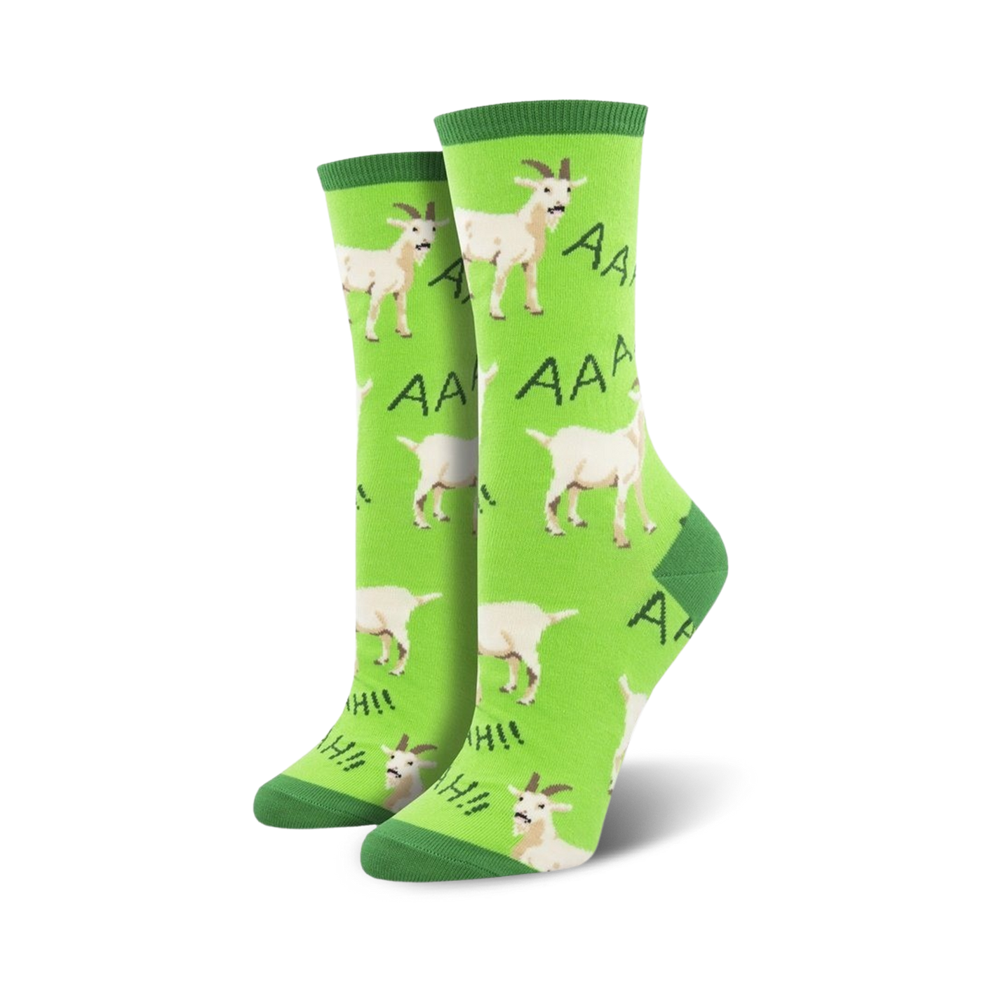 Pair of women's crew socks; lime green background with white screaming goats; 'AAA' and 'AHH!' text.