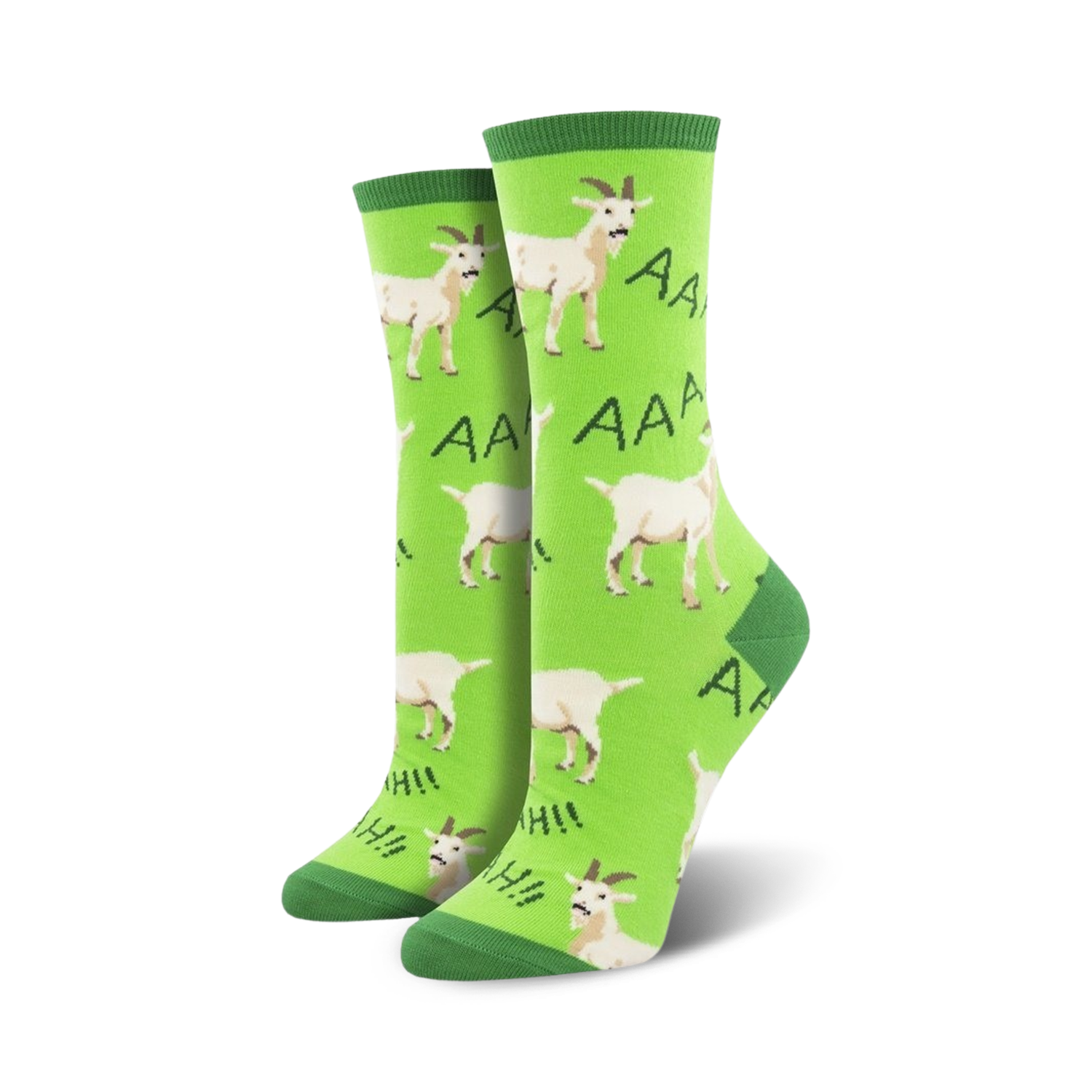 Pair of women's crew socks; lime green background with white screaming goats; 'AAA' and 'AHH!' text.
