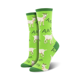 whimsical green crew socks feature cartoon goats standing on hind legs with open mouths, screaming. women's size.   