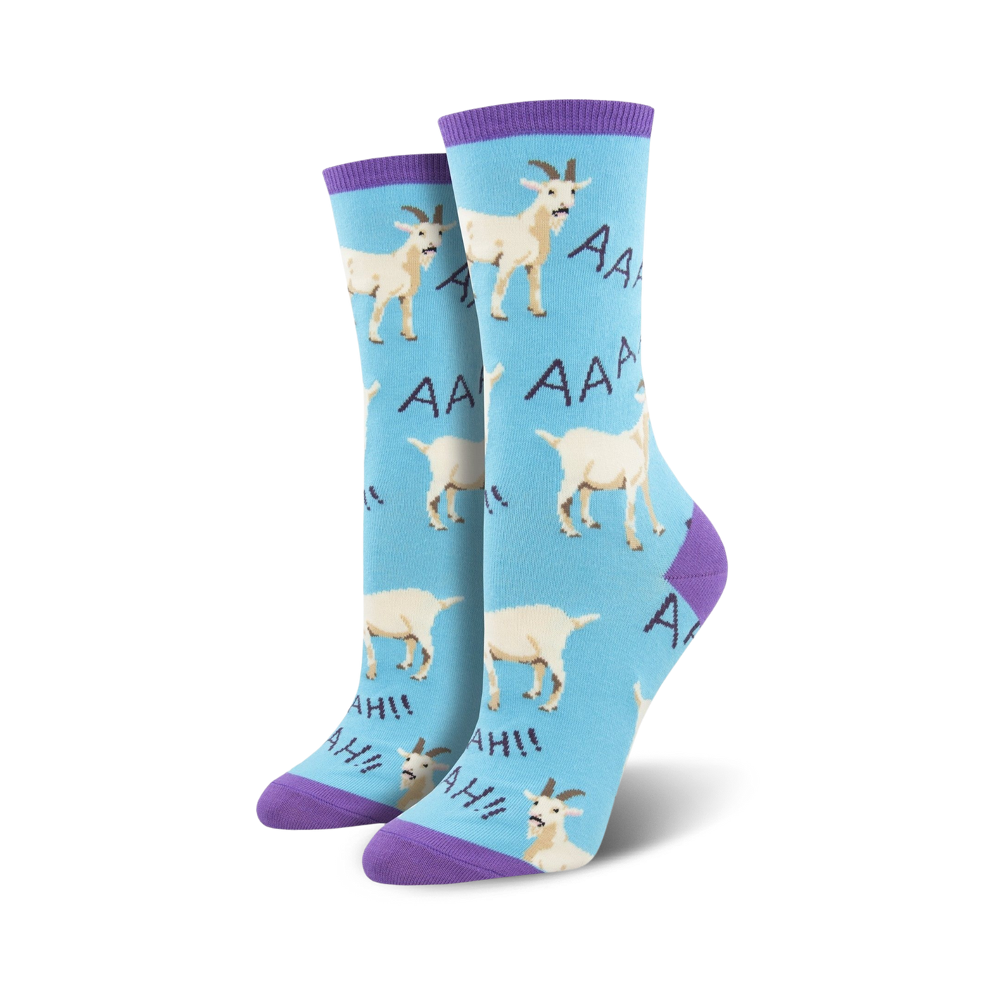 Lifestyle shot showing the light blue 'Screaming Goats' socks on a model's feet.