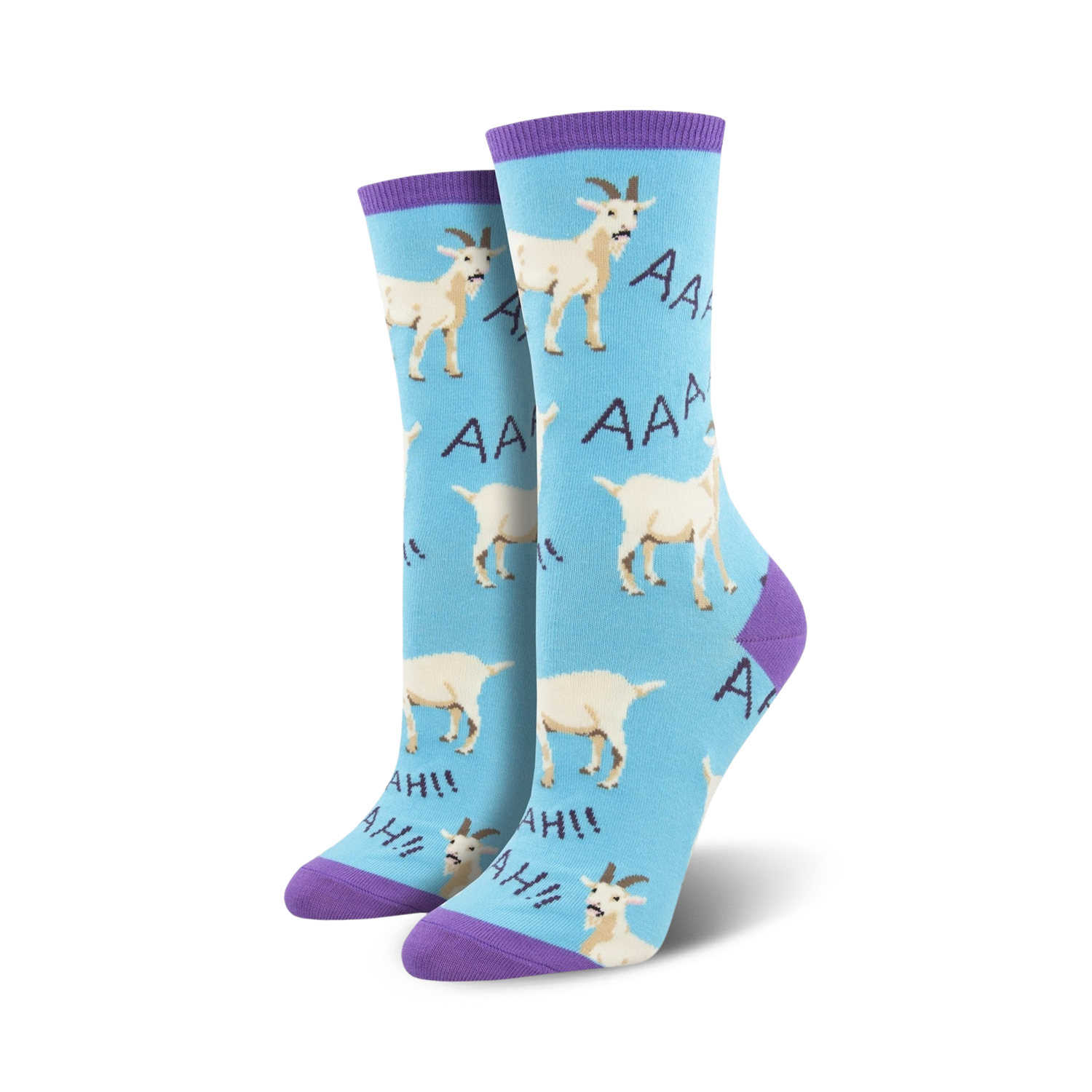 Lifestyle shot showing the light blue 'Screaming Goats' socks on a model's feet.