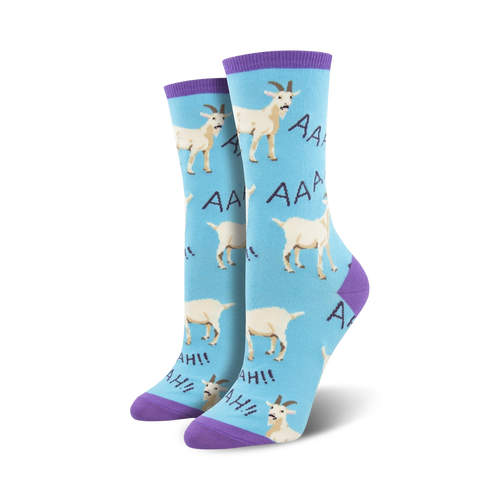 Lifestyle shot showing the light blue 'Screaming Goats' socks on a model's feet.