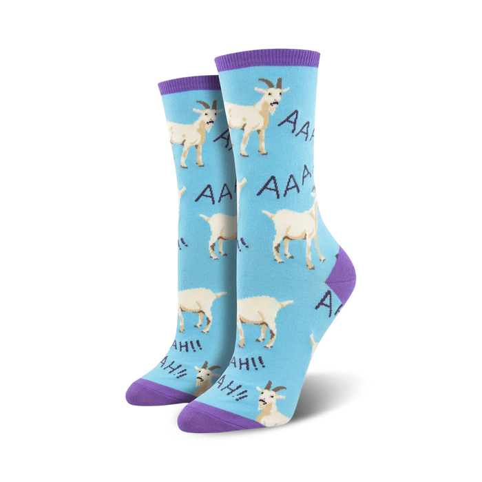 light blue crew socks with a pattern of cartoon screaming goats on them.   