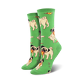 Pair of crew socks featuring light beige pugs enjoying pizza slices on a bright green background.