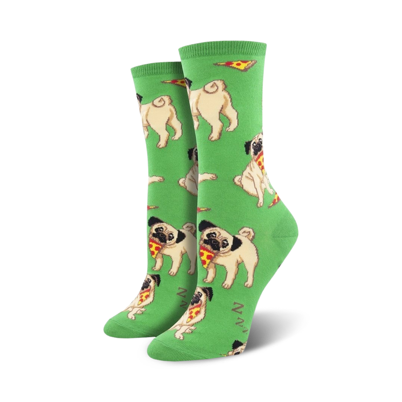 Pair of crew socks featuring light beige pugs enjoying pizza slices on a bright green background.
