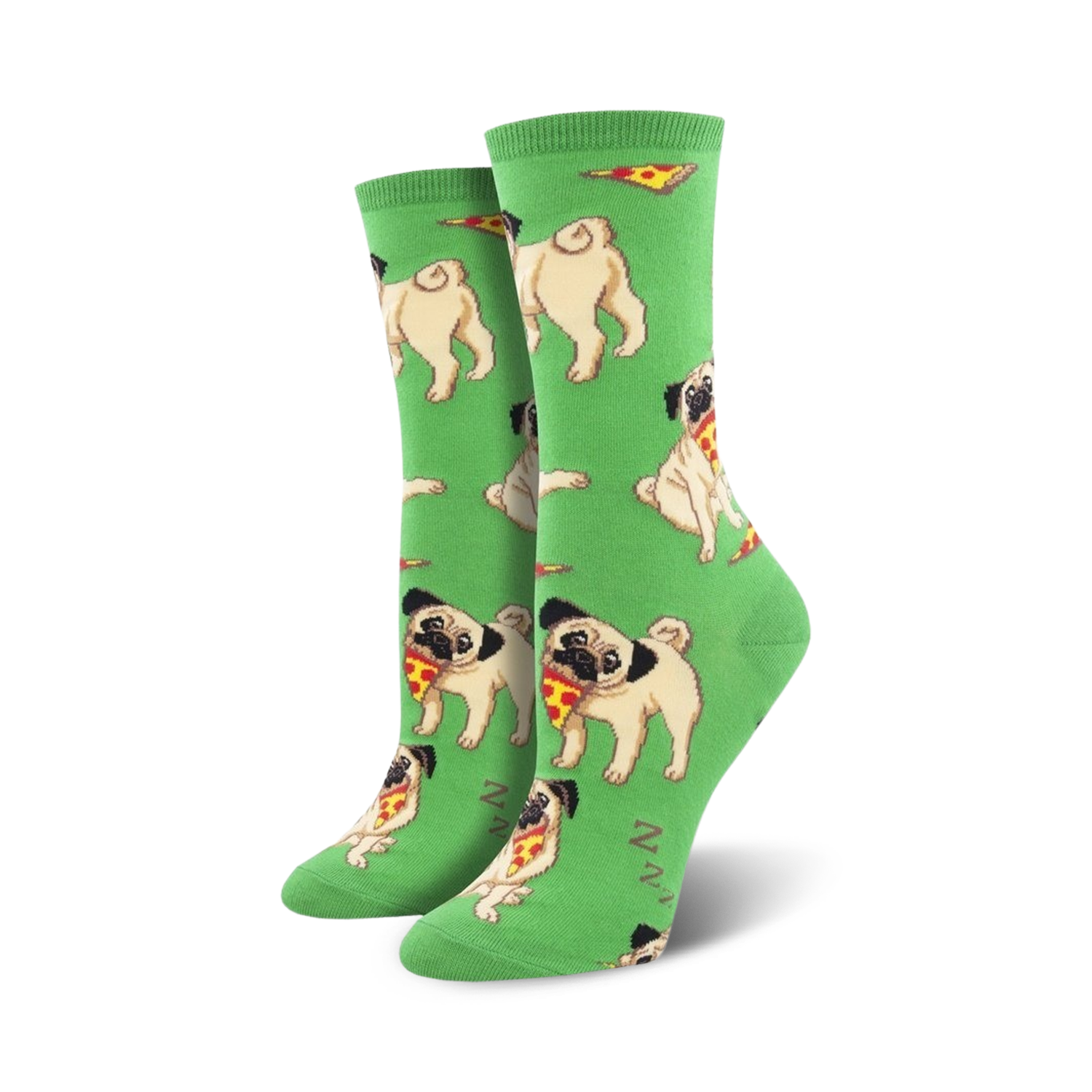 Pair of crew socks featuring light beige pugs enjoying pizza slices on a bright green background.