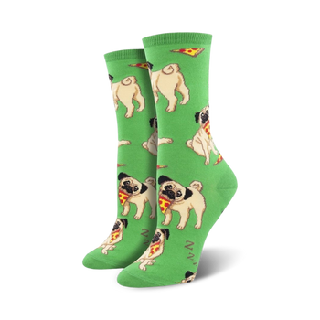 crew-length women's socks with a playful pattern of pugs holding pizza.  