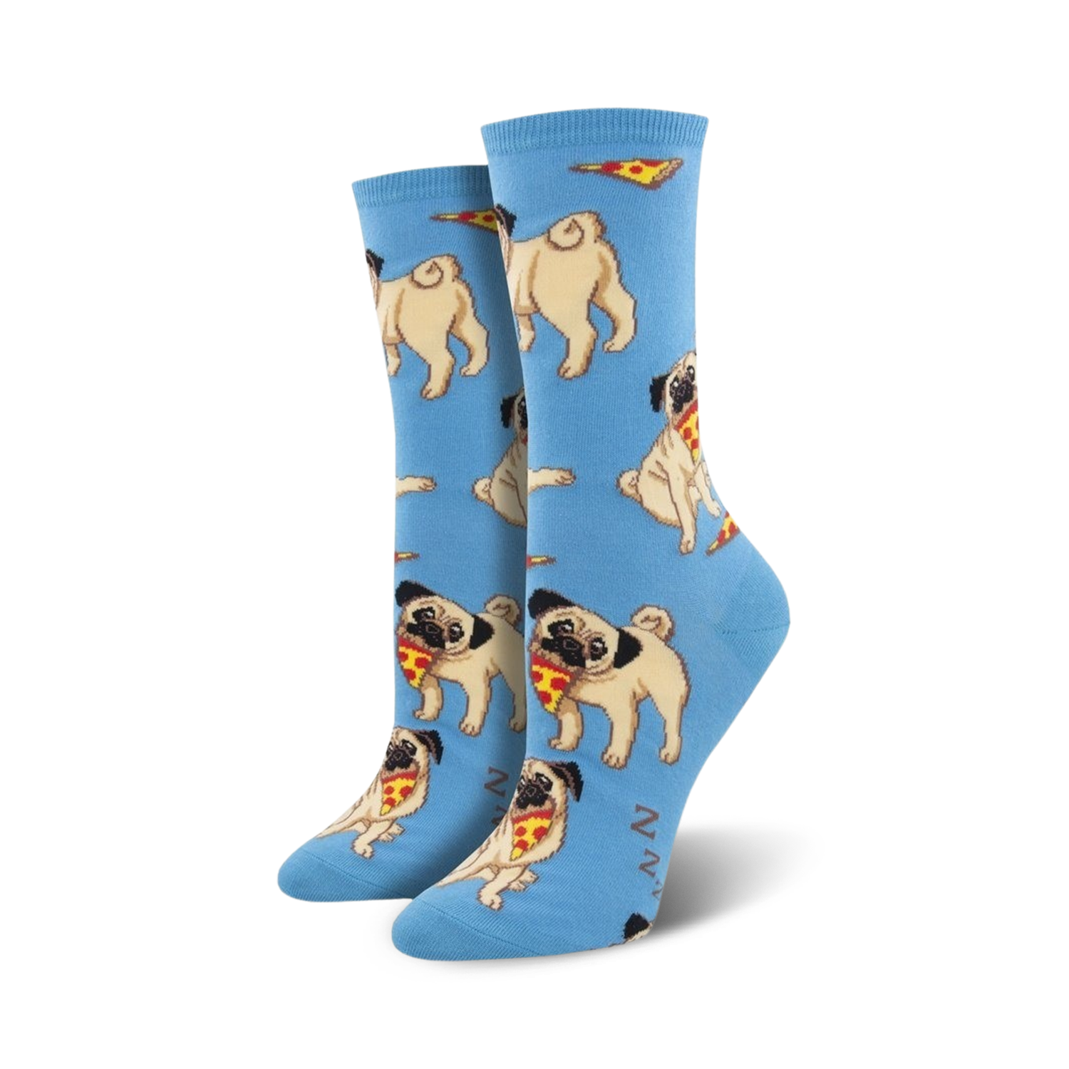 Close-up shot of a pair of blue crew socks with a repeating pattern of pugs eating pizza.