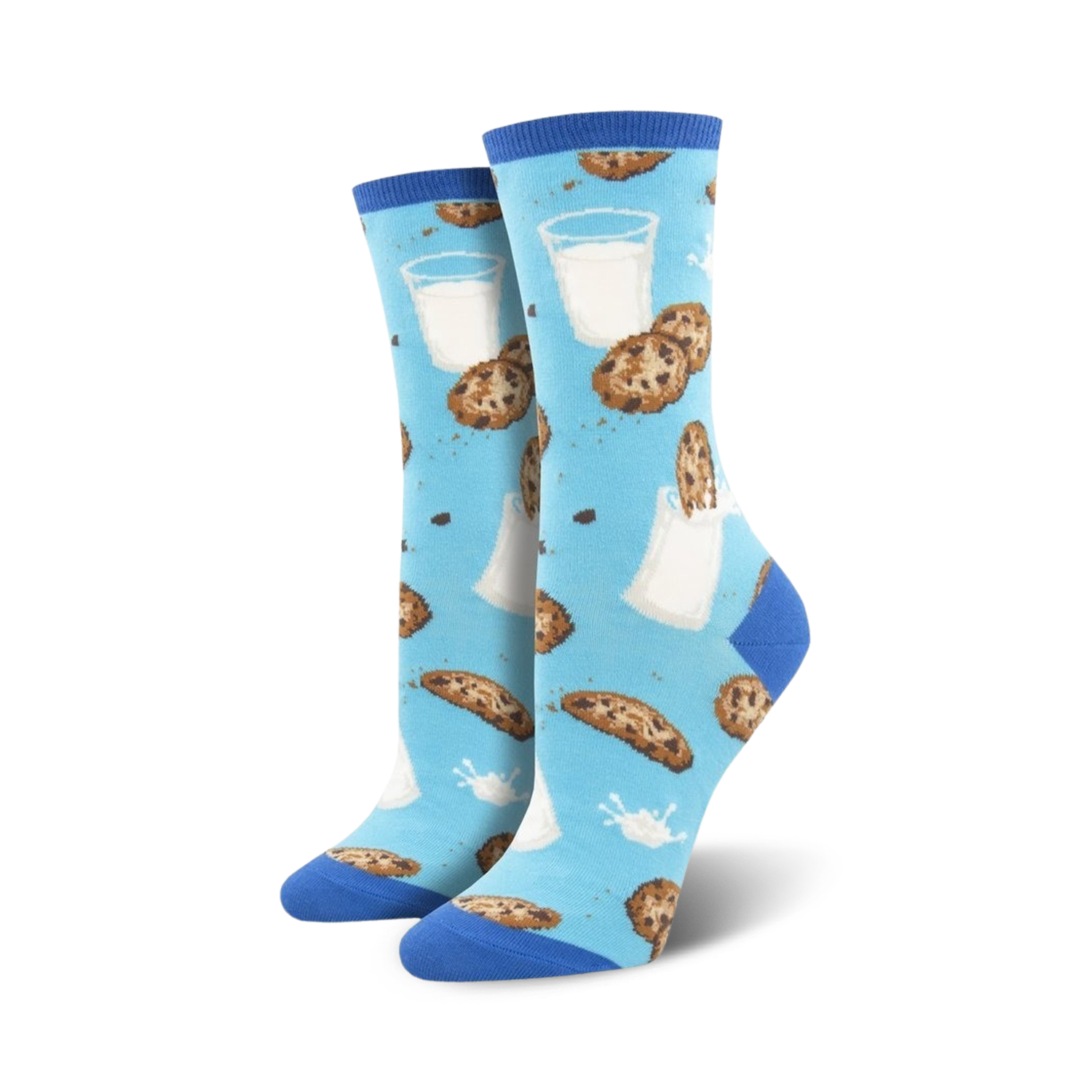 Pair of women's crew socks on a white background. Light blue background with chocolate chip cookies and glasses of milk. Blue and brown.