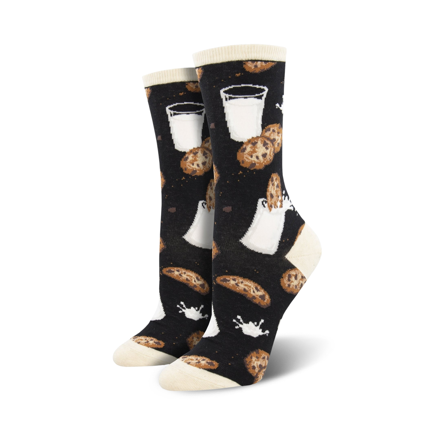 Lifestyle shot of a person wearing the black 'Mmm Cookies' socks; black socks with cookie and milk design.