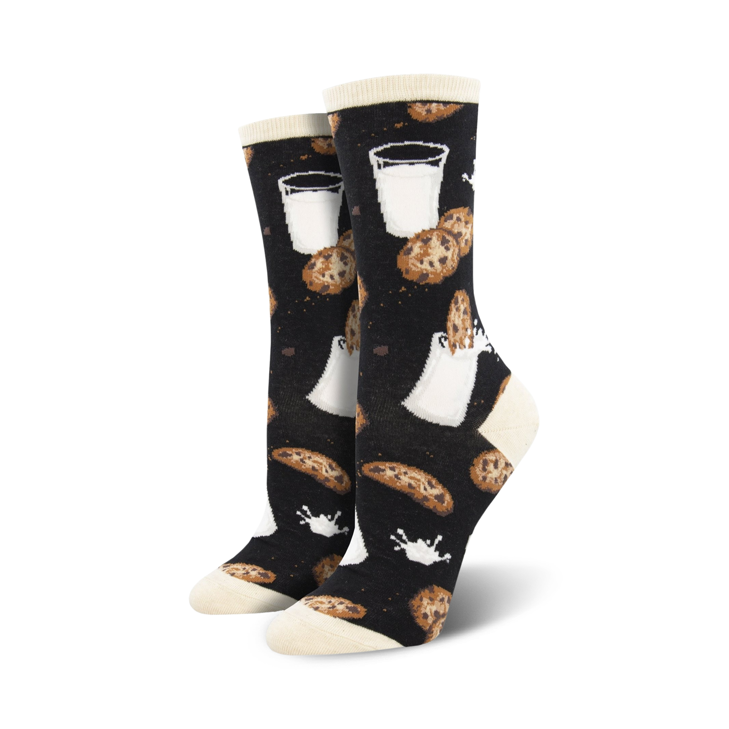 Lifestyle shot of a person wearing the black 'Mmm Cookies' socks; black socks with cookie and milk design.