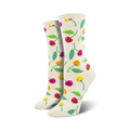 Cream-colored crew socks with a playful pattern of pink, yellow, and orange cherries and green leaves.