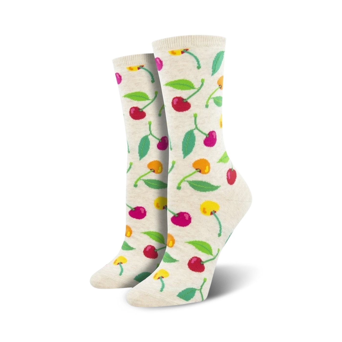 Cream-colored crew socks with a playful pattern of pink, yellow, and orange cherries and green leaves.
