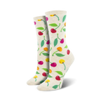 Cream-colored crew socks with a playful pattern of pink, yellow, and orange cherries and green leaves.