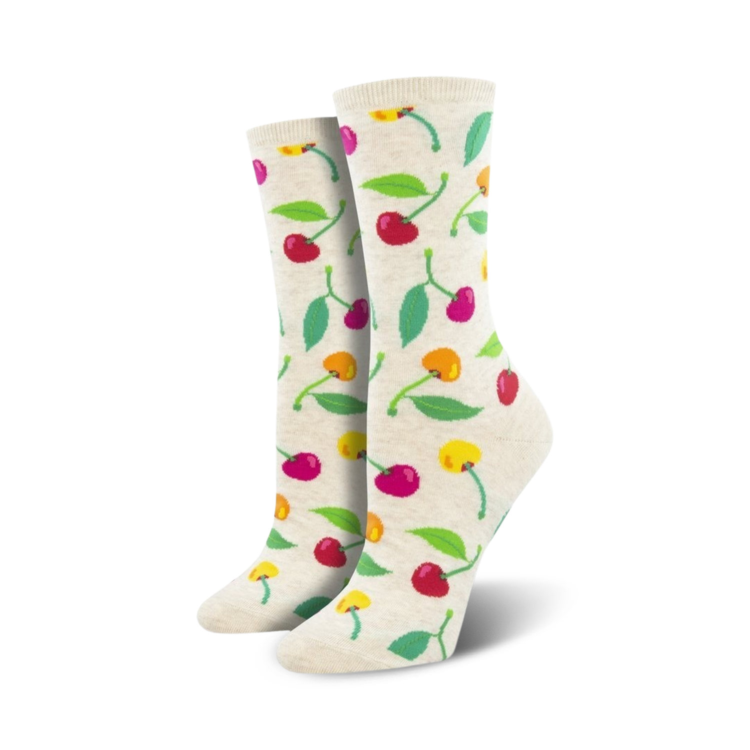 Cream-colored crew socks with a playful pattern of pink, yellow, and orange cherries and green leaves.