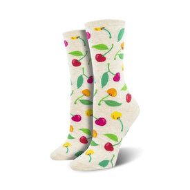 womens crew socks with cherry print pattern in red, orange, pink and yellow with green stems and leaves.   