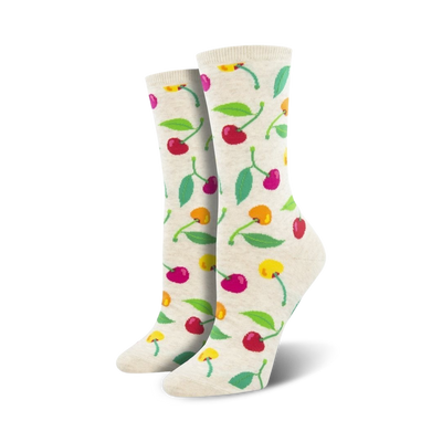 womens crew socks with cherry print pattern in red, orange, pink and yellow with green stems and leaves.   